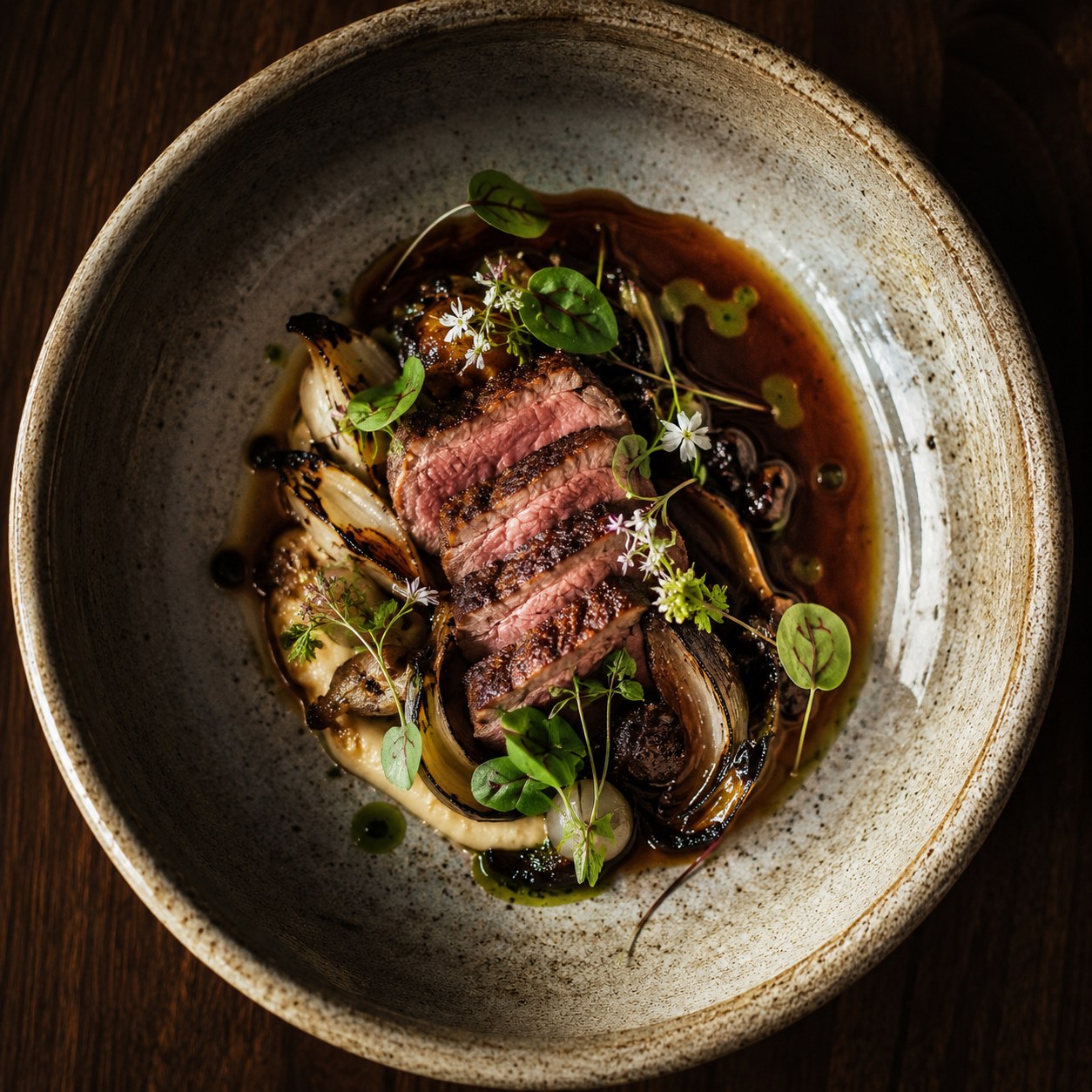 A seared, sliced steak fanned over parsnip purée with charred onions, microgreens and edible flowers, plated in speckled stoneware and shot from above